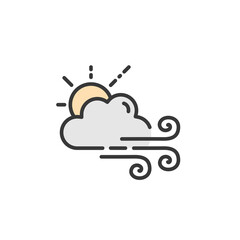 Strong wind, sun and cloud. Filled color icon. Weather vector illustration