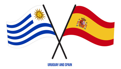 Uruguay and Spain Flags Crossed And Waving Flat Style. Official Proportion. Correct Colors.