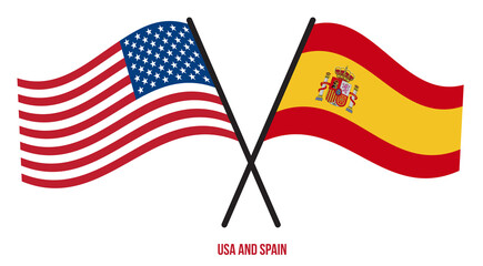 Obraz premium USA and Spain Flags Crossed And Waving Flat Style. Official Proportion. Correct Colors.