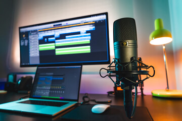 Setup podcast sound waves with microphone home office
