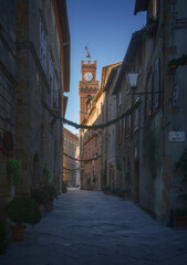 Pienza old town, main street in winter. Tuscany, Italy