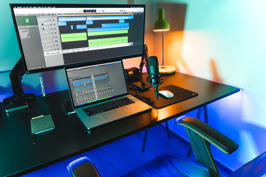 Setup Podcast Sound Waves With Microphone Home Office
