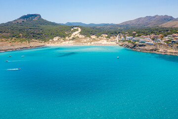 Fototapeta na wymiar An aerial panorama of Cala Mesquida shoreline on Mallorca island in Spain