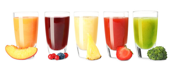 Glasses of delicious juices and fresh ingredients on white background