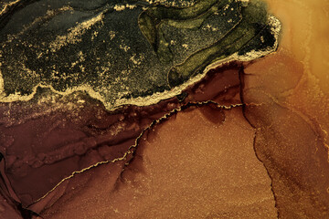 Art Abstract painting blots horizontal background. Alcohol ink brown and gold colors. Marble texture.
