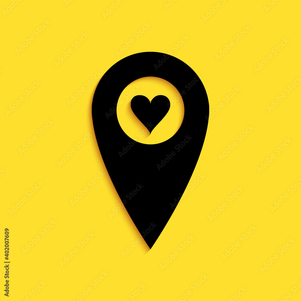Poster black map pointer with heart icon isolated on yellow background. valentines day. love location. roma