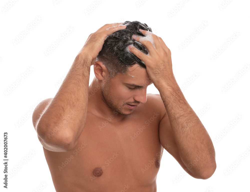 Canvas Prints Handsome man washing hair on white background