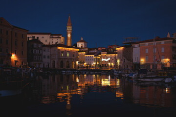 Fototapeta premium Old town of city at the Adriatic coast in winter, Piran, Slovenia. 14.12.2020.