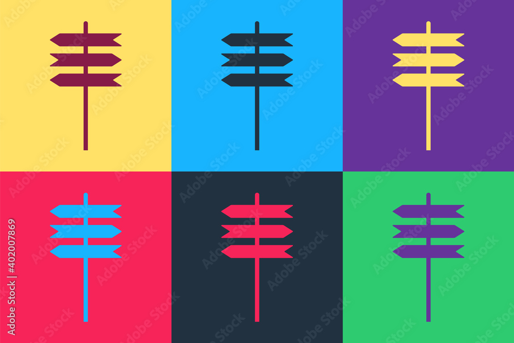 Poster pop art road traffic sign. signpost icon isolated on color background. pointer symbol. street inform