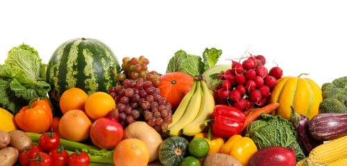 Fototapeta na wymiar Assortment of fresh organic fruits and vegetables on white background. Banner design