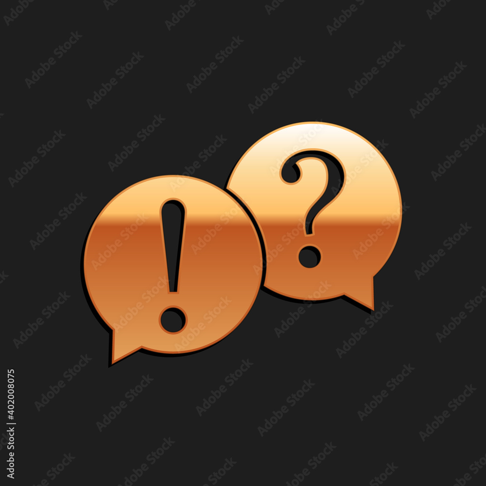 Poster gold speech bubbles with question and exclamation marks icon isolated on black background. faq sign.