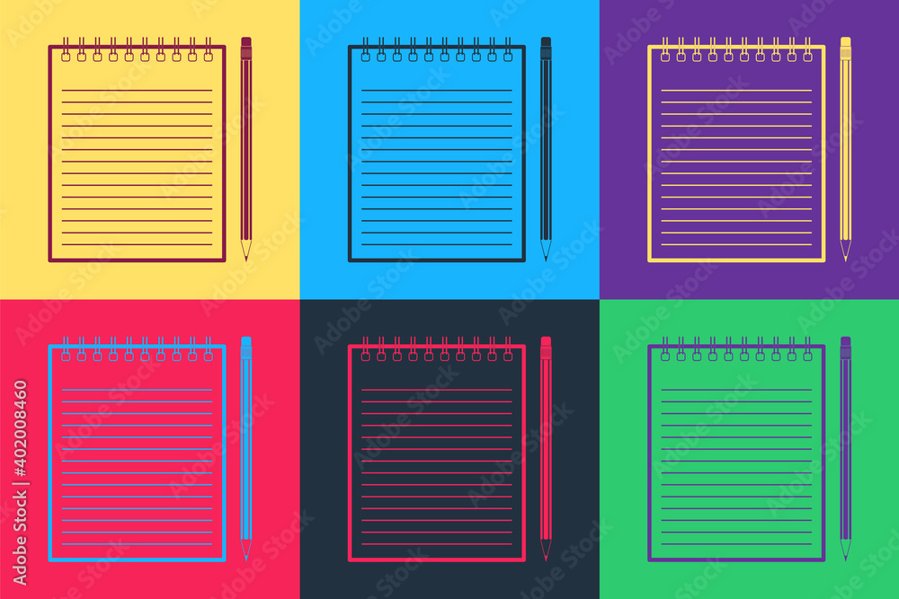 Aufkleber pop art blank notebook and pencil with eraser icon isolated on color background. vector.