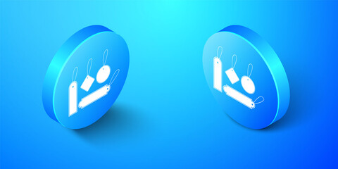 Isometric Blank labels template price tags set icon isolated on blue background. Empty shopping discounts stickers. Template discount banners set. Blue circle button. Vector.