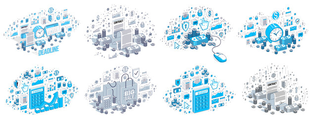 Different finance concepts illustrations 3D vector set isolated on white background, business and money conceptual designs collection, savings, bank, contract, income, safety, online.