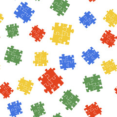 Color Piece of puzzle icon isolated seamless pattern on white background. Business, marketing, finance, template, layout, infographics, internet concept. Vector.
