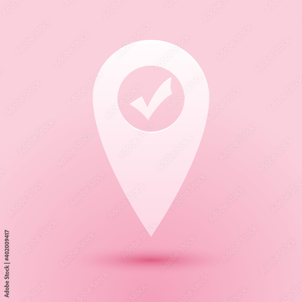 Poster paper cut map pointer with check mark icon isolated on pink background. marker location sign. tick s