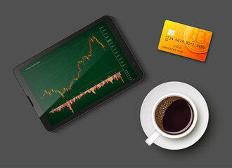 Tablet PC Business chart card, uptrend line graph, bar chart stock bull market arrow phone, coffee. Evaluation investment risks tablet banner. Financial markets background tablet trading phone, coffee