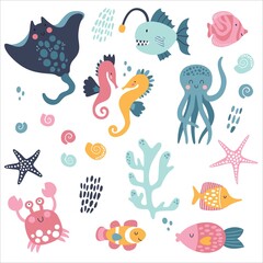 Big creative nautical clipart with marine inhabitants. Jellyfish, octopus, ramp, clown fish, crab, sea horse . Vector illustration