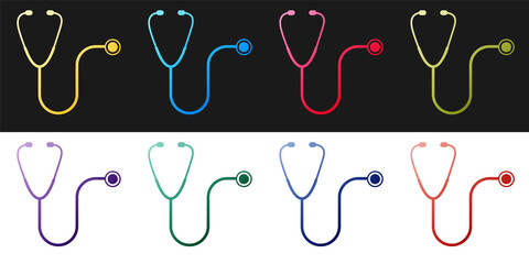 Set Stethoscope medical instrument icon isolated on black and white background. Vector.