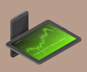 3d Tablet PC Business chart, isometric uptrend line graph, bar chart stock numbers bull market arrow phone. Evaluation investment risks tablet banner. Financial isometry markets tablet, trading phone