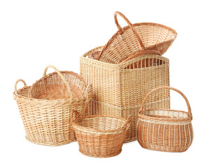 Many different wicker baskets on white background