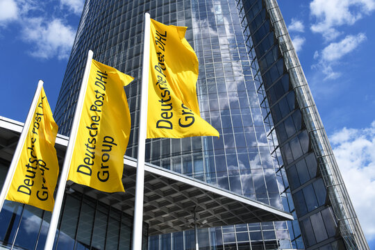 Bonn, North Rhine-Westphalia, Germany - May 14, 2019: Post Tower, headquarters of the world's largest logistics company Deutsche Post DHL in Bonn, Germany