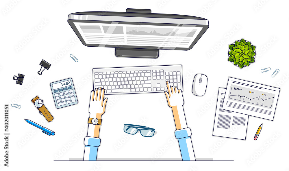 Poster office desk workspace top view with hands of office employee or entrepreneur, pc computer and divers