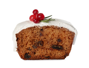 Slice of traditional Christmas cake with cranberries and icing isolated on white. Classic recipe