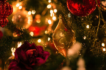 Decorated Christmas balls on Christmas tree, Christmas tree decoration, giving perfect holiday...