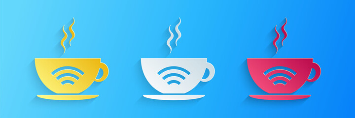 Paper cut Cup of coffee shop with free wifi zone icon isolated on blue background. Internet connection placard. Paper art style. Vector.
