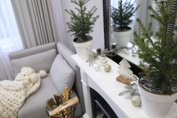 Little fir trees and Christmas decorations in room with fireplace. Stylish interior design