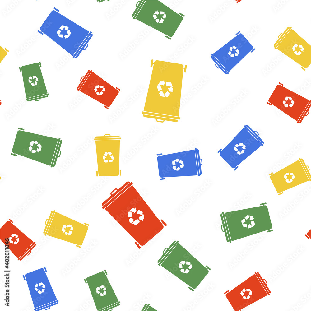 Poster color recycle bin with recycle symbol icon isolated seamless pattern on white background. trash can 