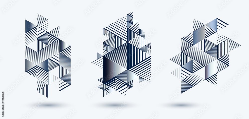 Poster 3d cubes and triangles lined stripy abstract vector backgrounds set with retro style elements isolat