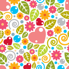 Childish textile vector seamless pattern with flowers and leaves, different colorful elements endless pattern background image.