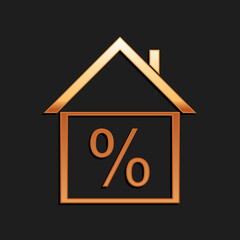 Gold House with discount tag icon isolated on black background. House percentage sign price. Real estate home. Credit percentage symbol. Money loan.Long shadow style. Vector.