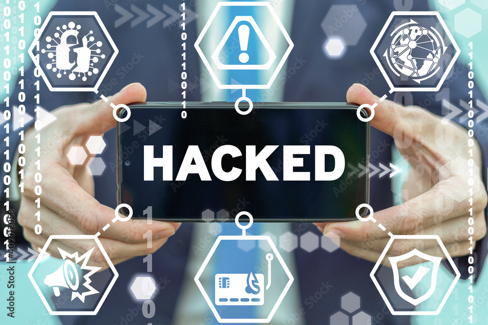 Aufkleber hacker theft information security danger concept. hacked data.