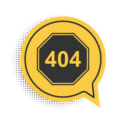 Black Page with a 404 error icon isolated on white background. Template reports that the page is not found. Yellow speech bubble symbol. Vector.