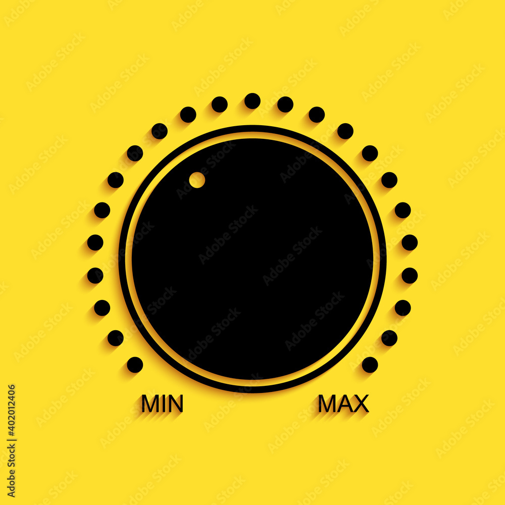 Poster black dial knob level technology settings icon isolated on yellow background. volume button, sound c