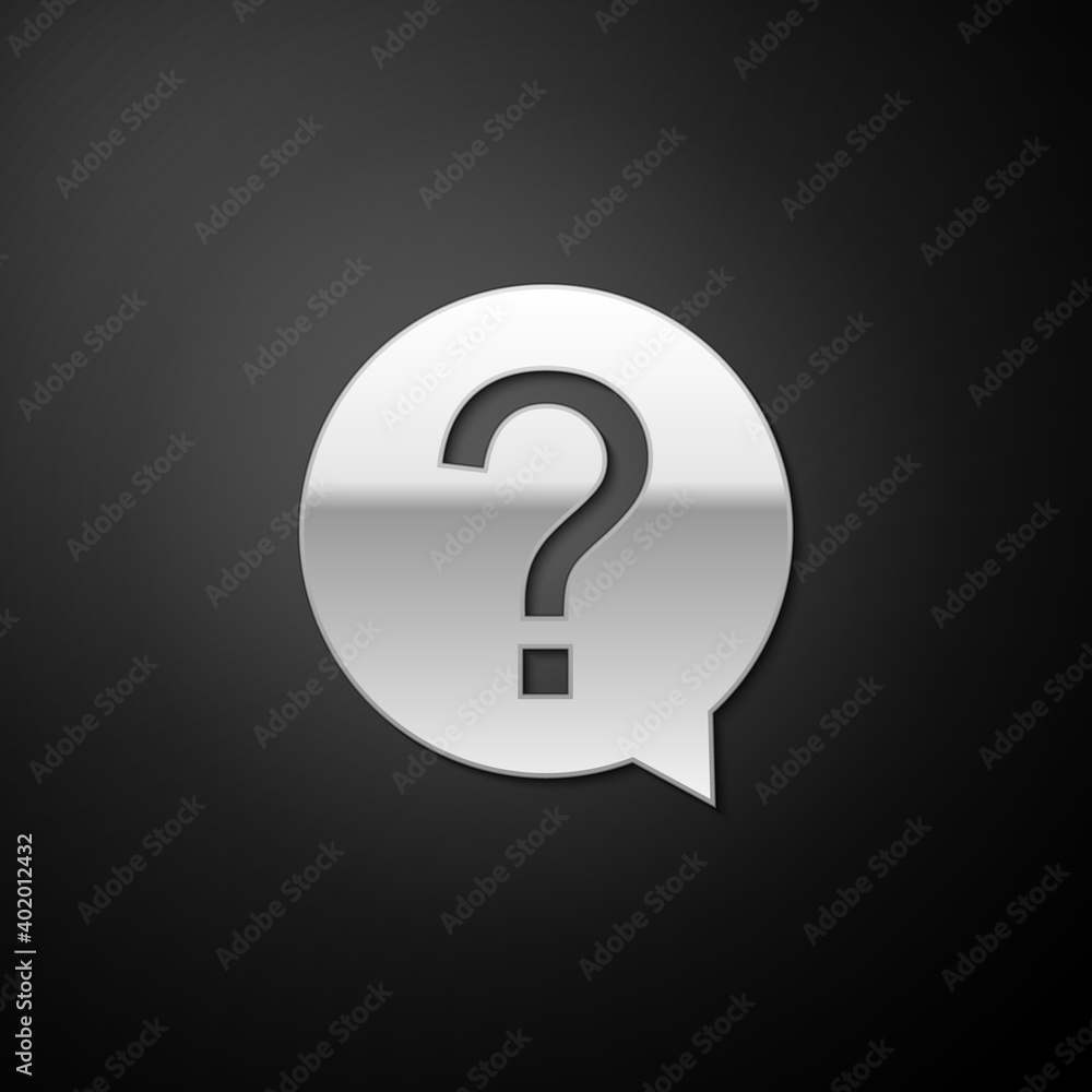 Poster silver question mark in circle icon isolated on black background. hazard warning symbol. help symbol