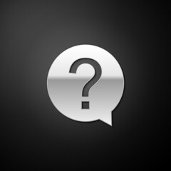Silver Question mark in circle icon isolated on black background. Hazard warning symbol. Help symbol. FAQ sign. Long shadow style. Vector.