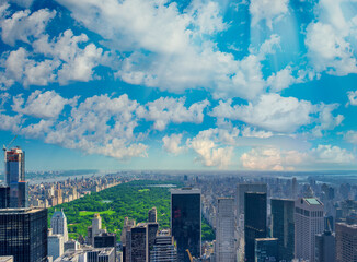 Panoramic aerial view of New York City skyline and Central Park
