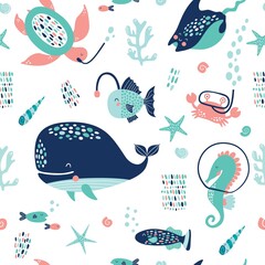 Sea life cute vector pattern. Vector illustration for kids design, wallpaper, wrapping, textile, package design.

