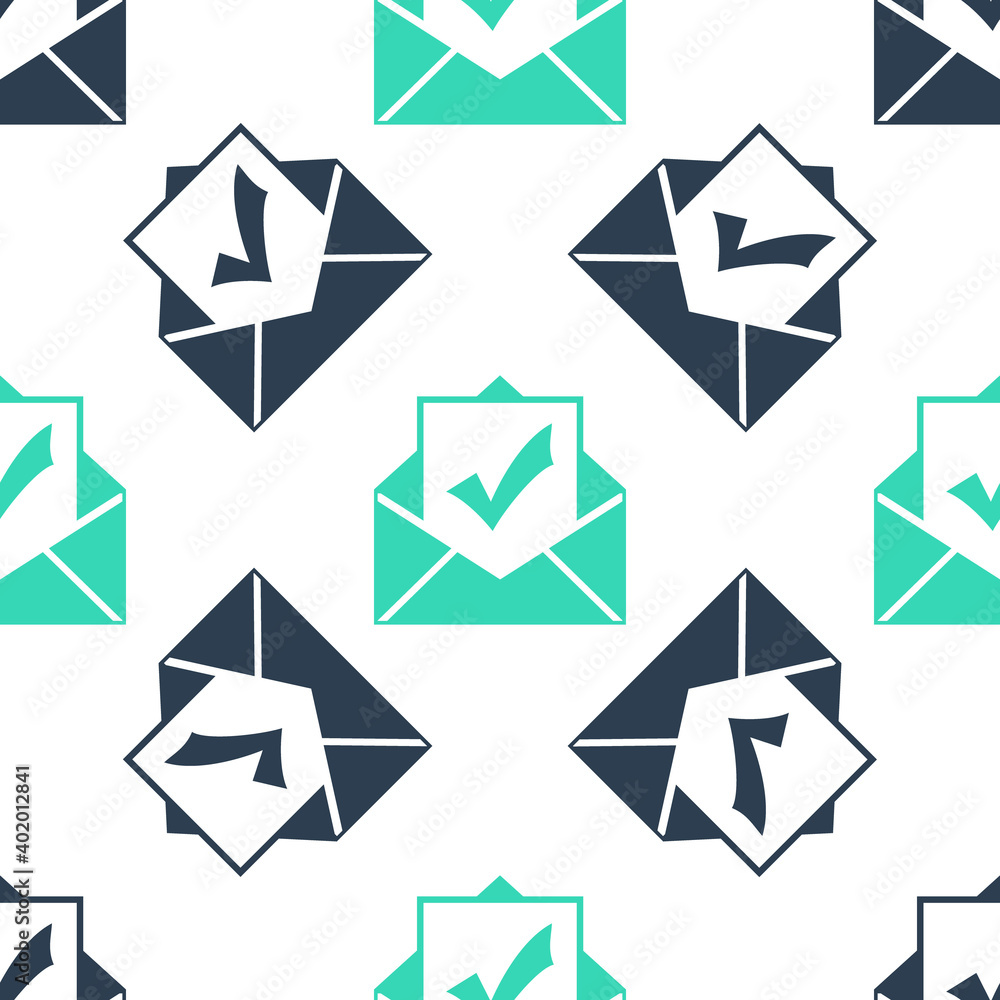 Poster green envelope with document and check mark icon isolated seamless pattern on white background. succ