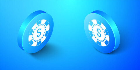 Isometric Casino chip and dollar symbol icon isolated on blue background. Blue circle button. Vector.
