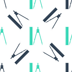 Green Ruler and drawing compass icon isolated seamless pattern on white background. Drawing professional instrument. Geometric equipment. Education sign. Vector.