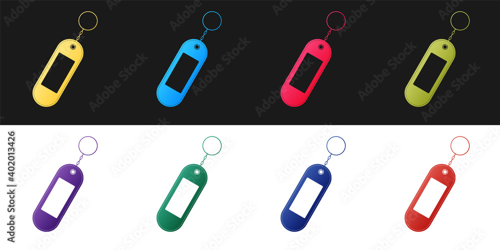 Poster set key chain icon isolated on black and white background. blank rectangular keychain with ring and 
