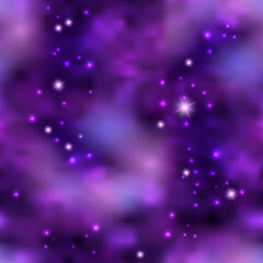 Magic galaxy space with shiny nebula  star dust. Purple mysterious night sky, light flare and cloudy mist. Abstract background, vector illustration