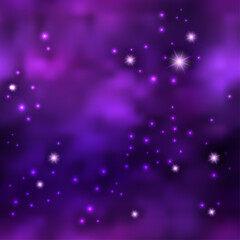 Magic galaxy space with shiny nebula  star dust. Purple mysterious night sky, light flare and cloudy mist. Abstract background, seamless cosmic pattern, vector illustration