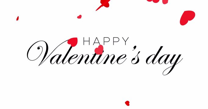 Happy Valentine's Day Handwritten Animated Text With Falling Red Hearts, Isolated on White Background