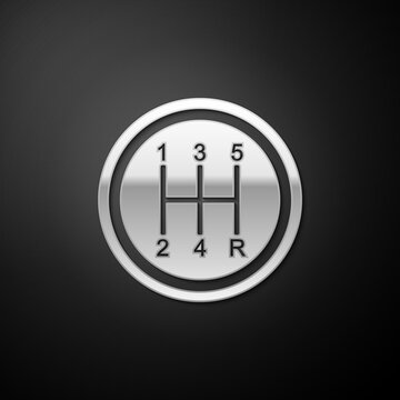 Silver Gear shifter icon isolated on black background. Transmission icon. Long shadow style. Vector.